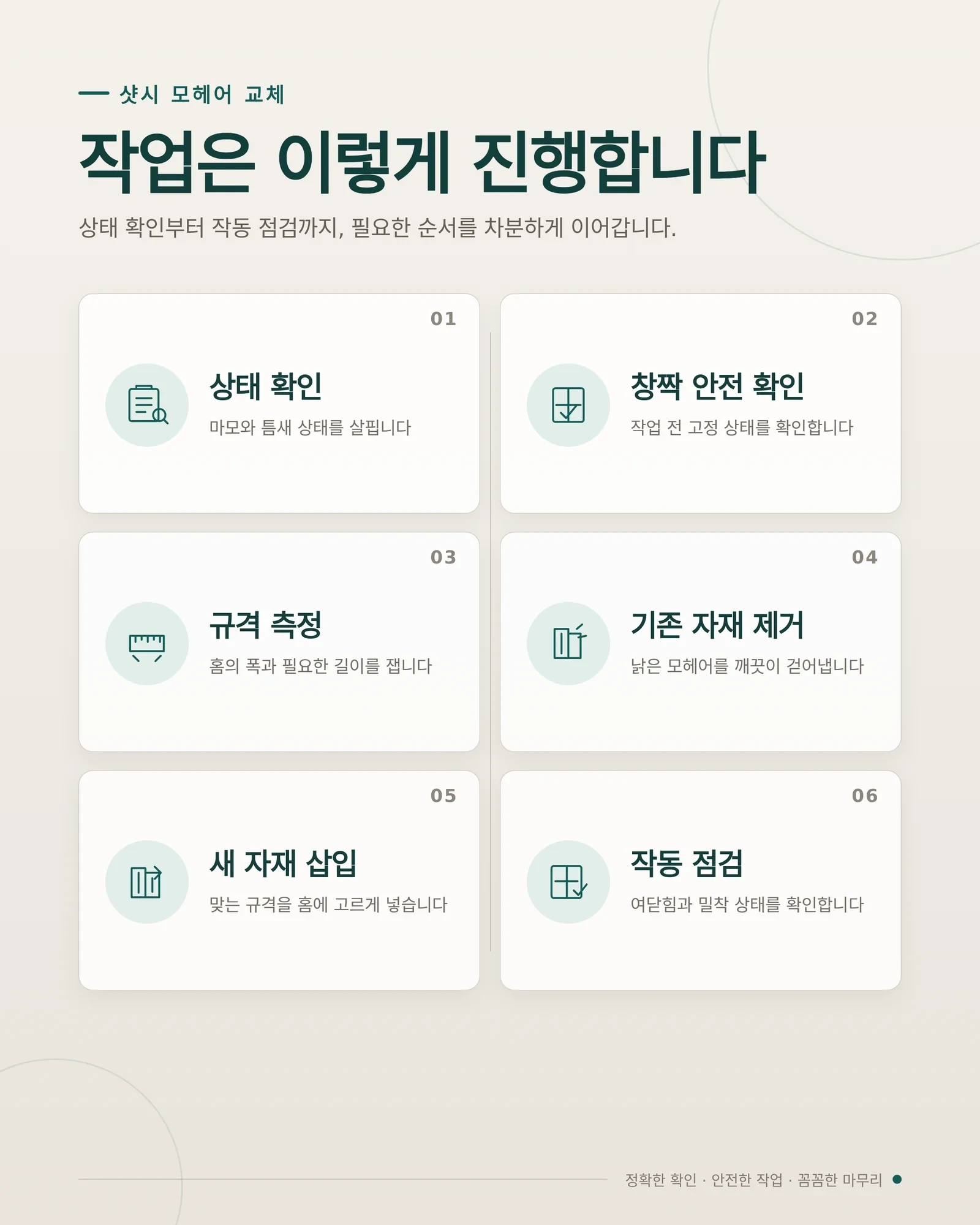 샷시 모헤어 교체 기존 모헤어 제거와 청소 및 새 자재 삽입 순서 확인 장면
